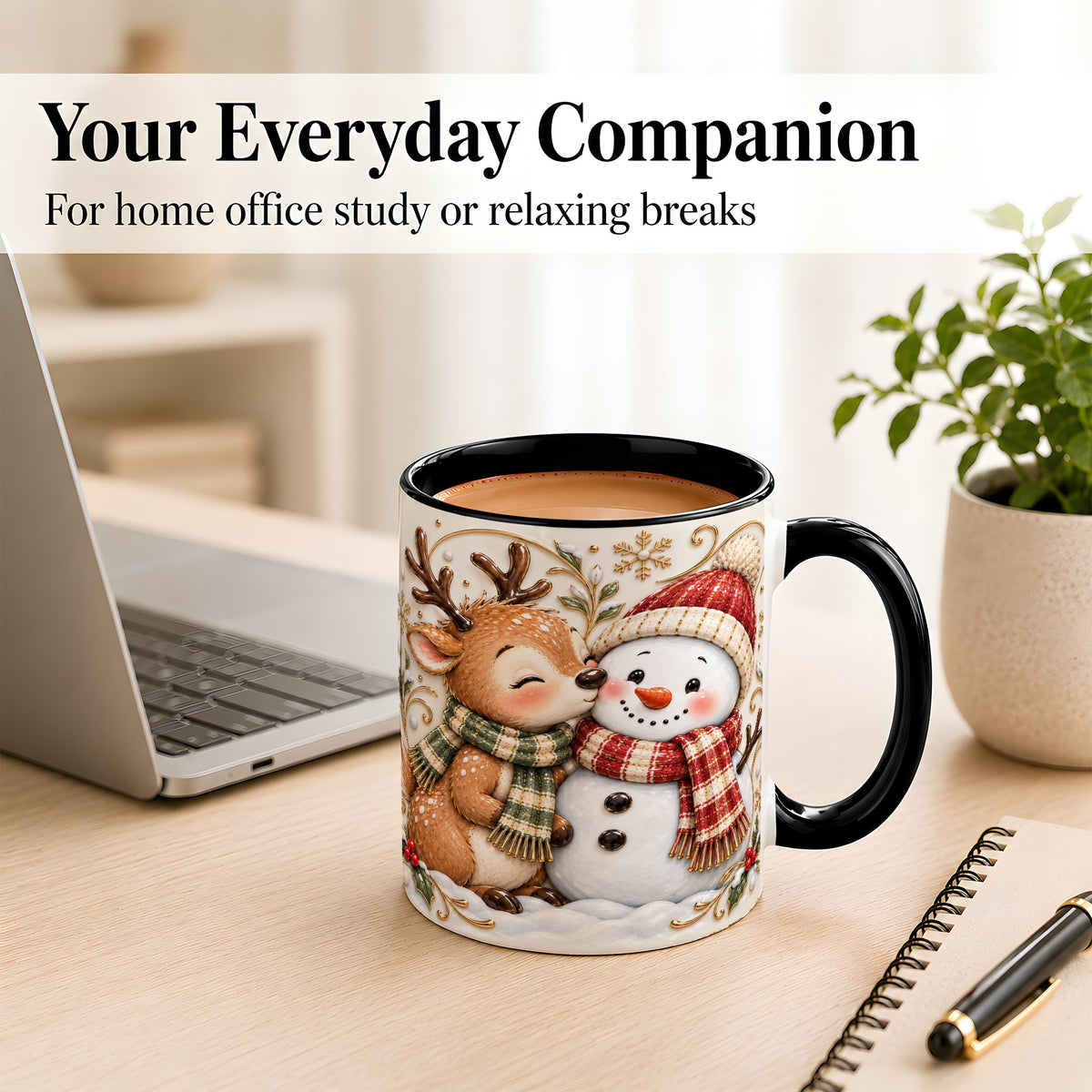 #pl[11oz|Black] Reindeer Snowman Coffee Mug, Cozy Winter Mug, Ceramic Cup