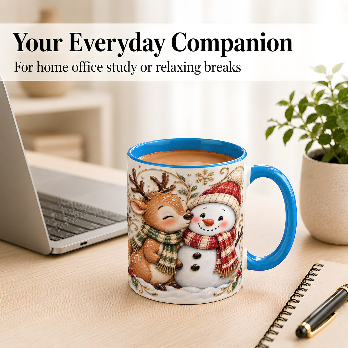 #pl[11oz|Blue] Reindeer Snowman Coffee Mug, Cozy Winter Mug, Ceramic Cup