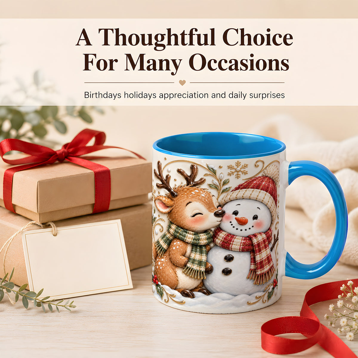 #pl[11oz|Blue] Reindeer Snowman Coffee Mug, Cozy Winter Mug, Ceramic Cup