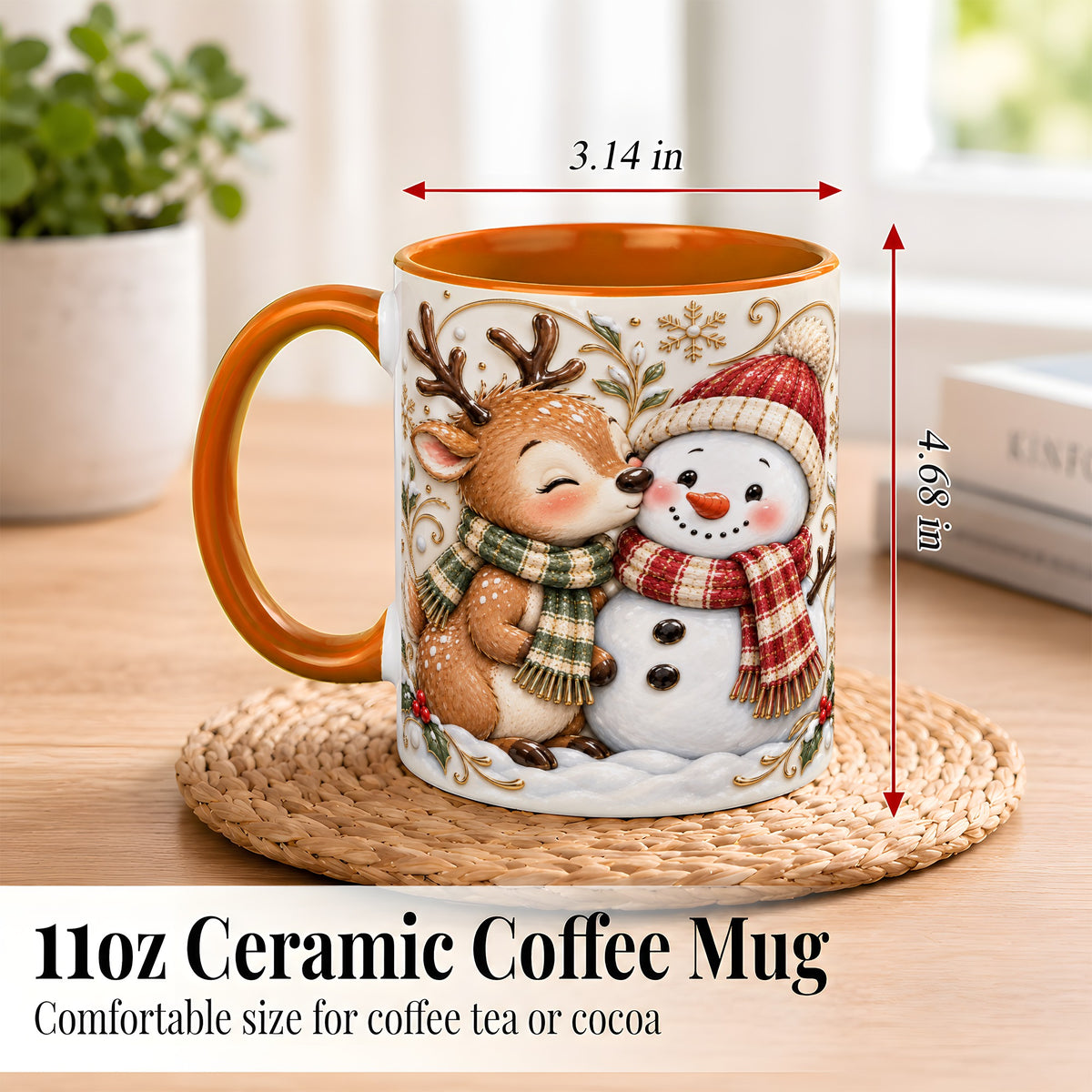 #pl[11oz|Orange] Reindeer Snowman Coffee Mug, Cozy Winter Mug, Ceramic Cup