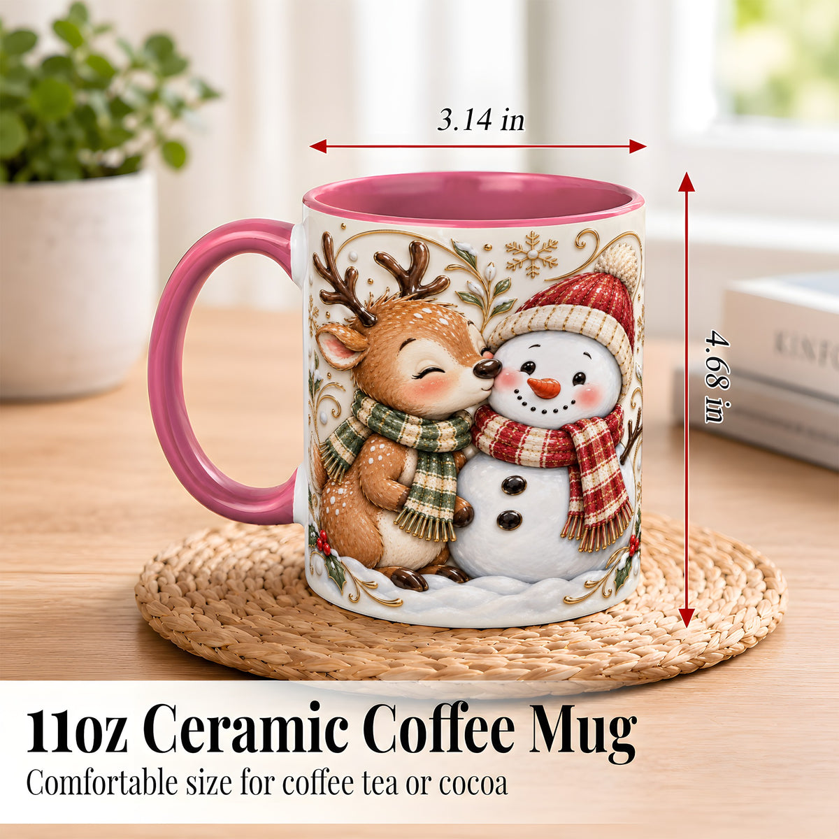 #pl[11oz|Pink] Reindeer Snowman Coffee Mug, Cozy Winter Mug, Ceramic Cup