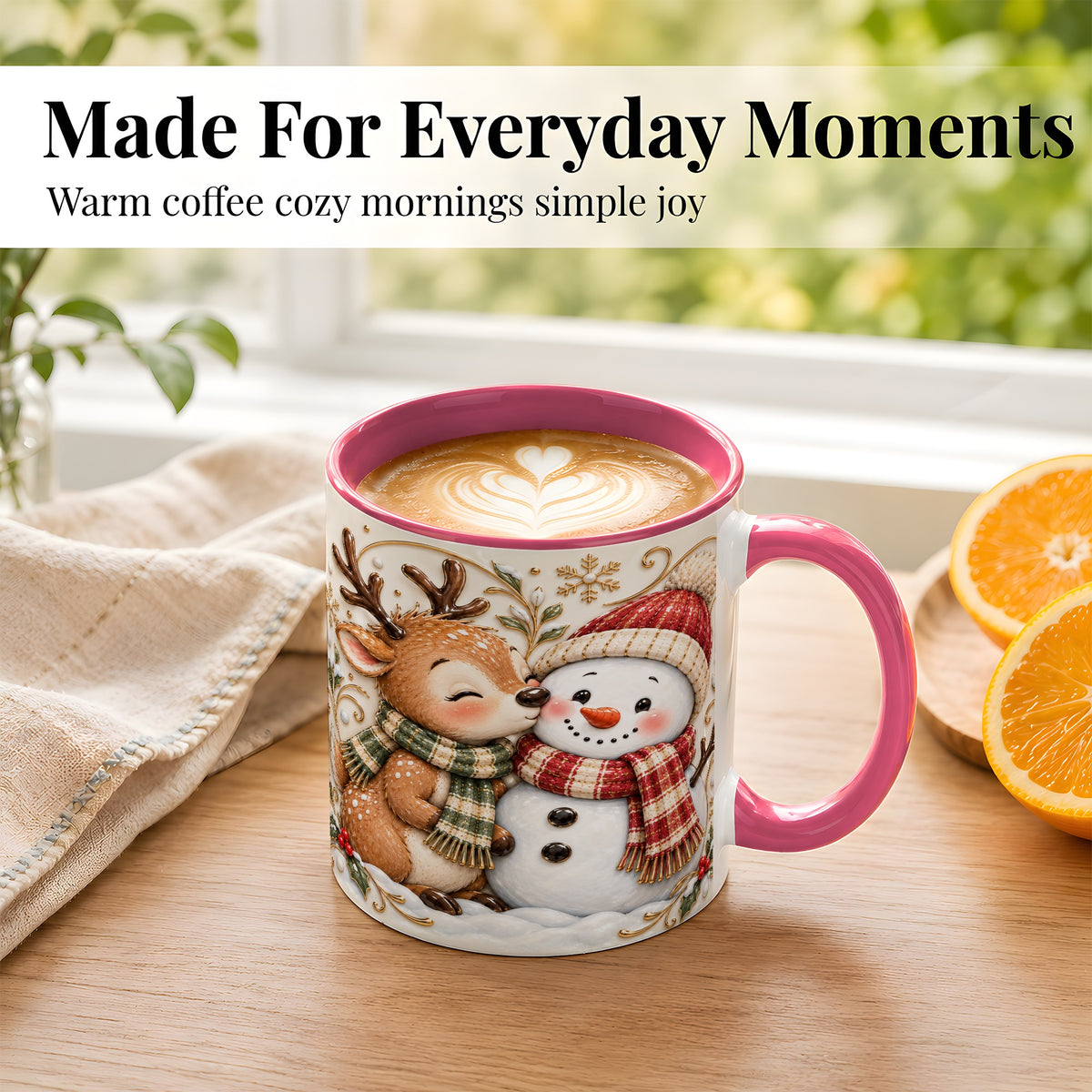 #pl[11oz|Pink] Reindeer Snowman Coffee Mug, Cozy Winter Mug, Ceramic Cup