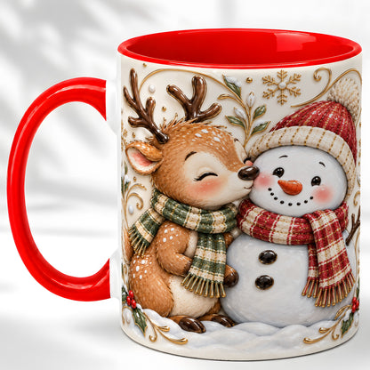 Reindeer Snowman Coffee Mug, Cozy Winter Mug, Ceramic Cup