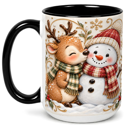 #pl[15oz|Black] Reindeer Snowman Coffee Mug, Cozy Winter Mug, Ceramic Cup
