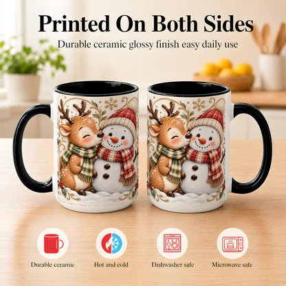 #pl[15oz|Black] Reindeer Snowman Coffee Mug, Cozy Winter Mug, Ceramic Cup