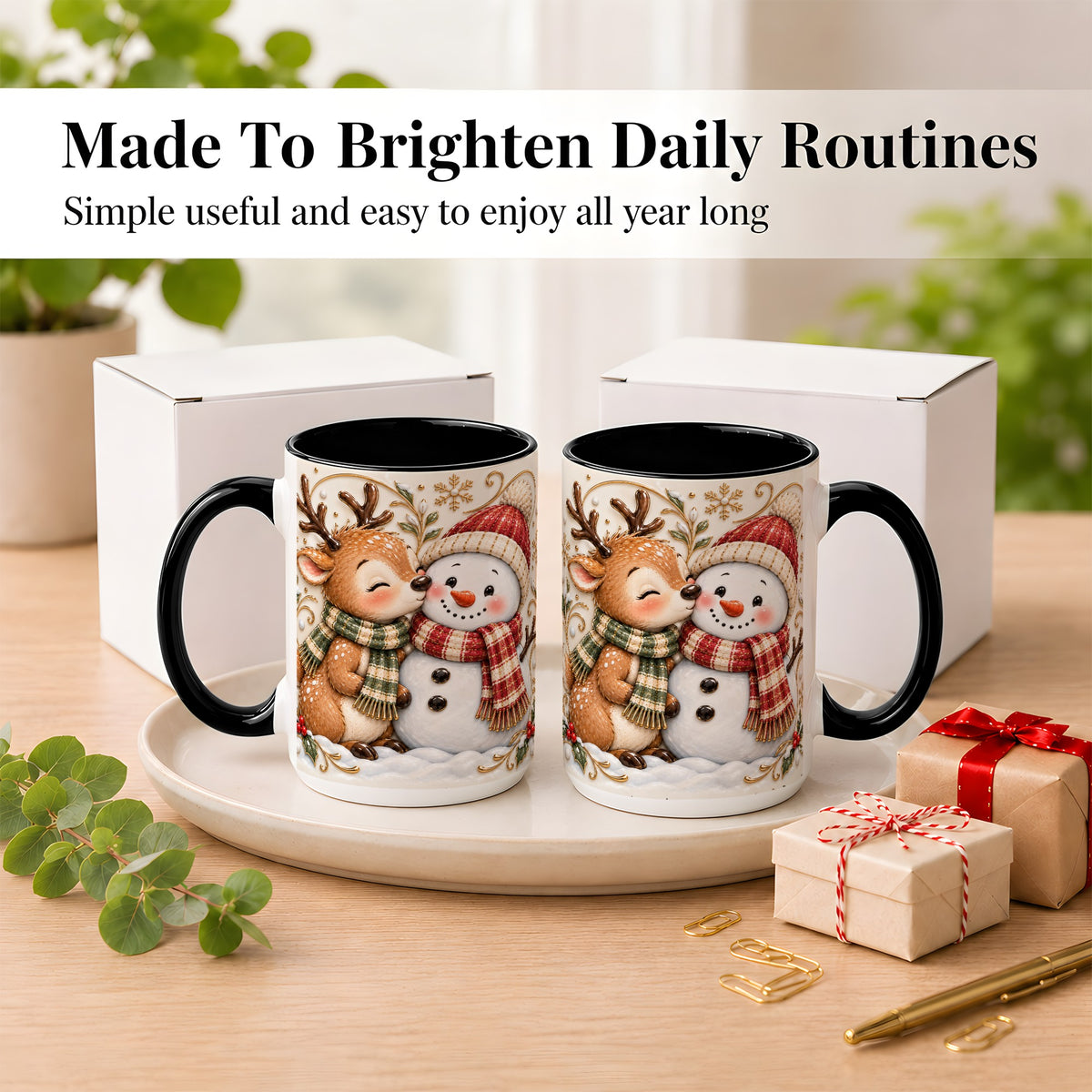 #pl[15oz|Black] Reindeer Snowman Coffee Mug, Cozy Winter Mug, Ceramic Cup