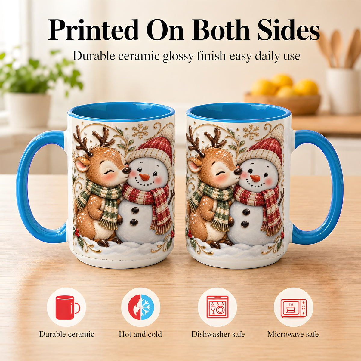 #pl[15oz|Blue] Reindeer Snowman Coffee Mug, Cozy Winter Mug, Ceramic Cup