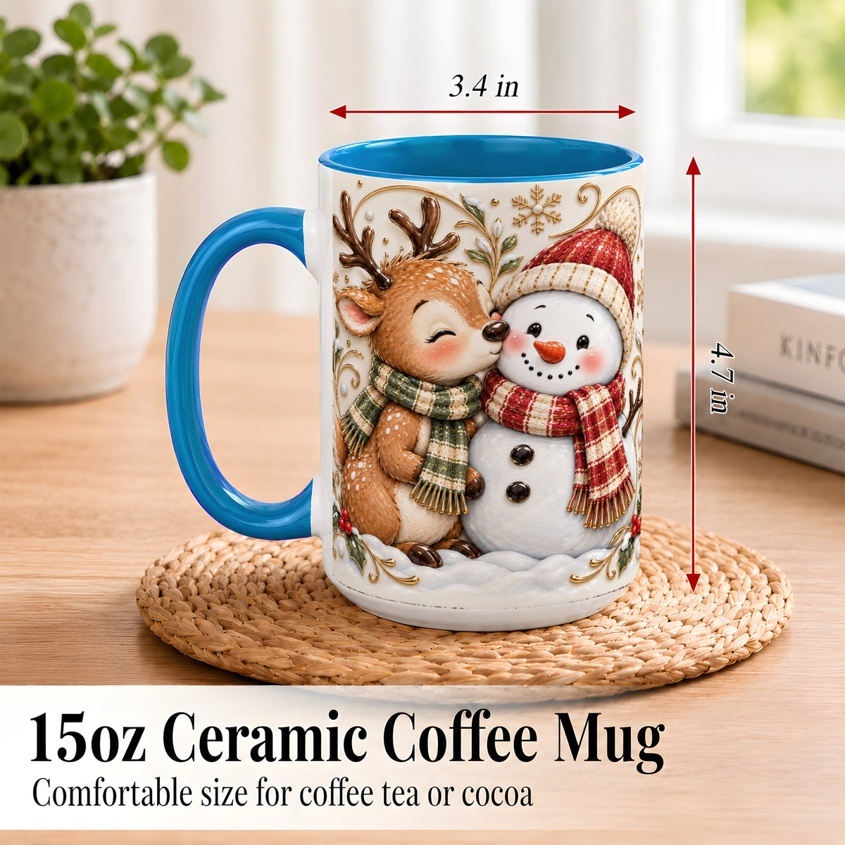 #pl[15oz|Blue] Reindeer Snowman Coffee Mug, Cozy Winter Mug, Ceramic Cup