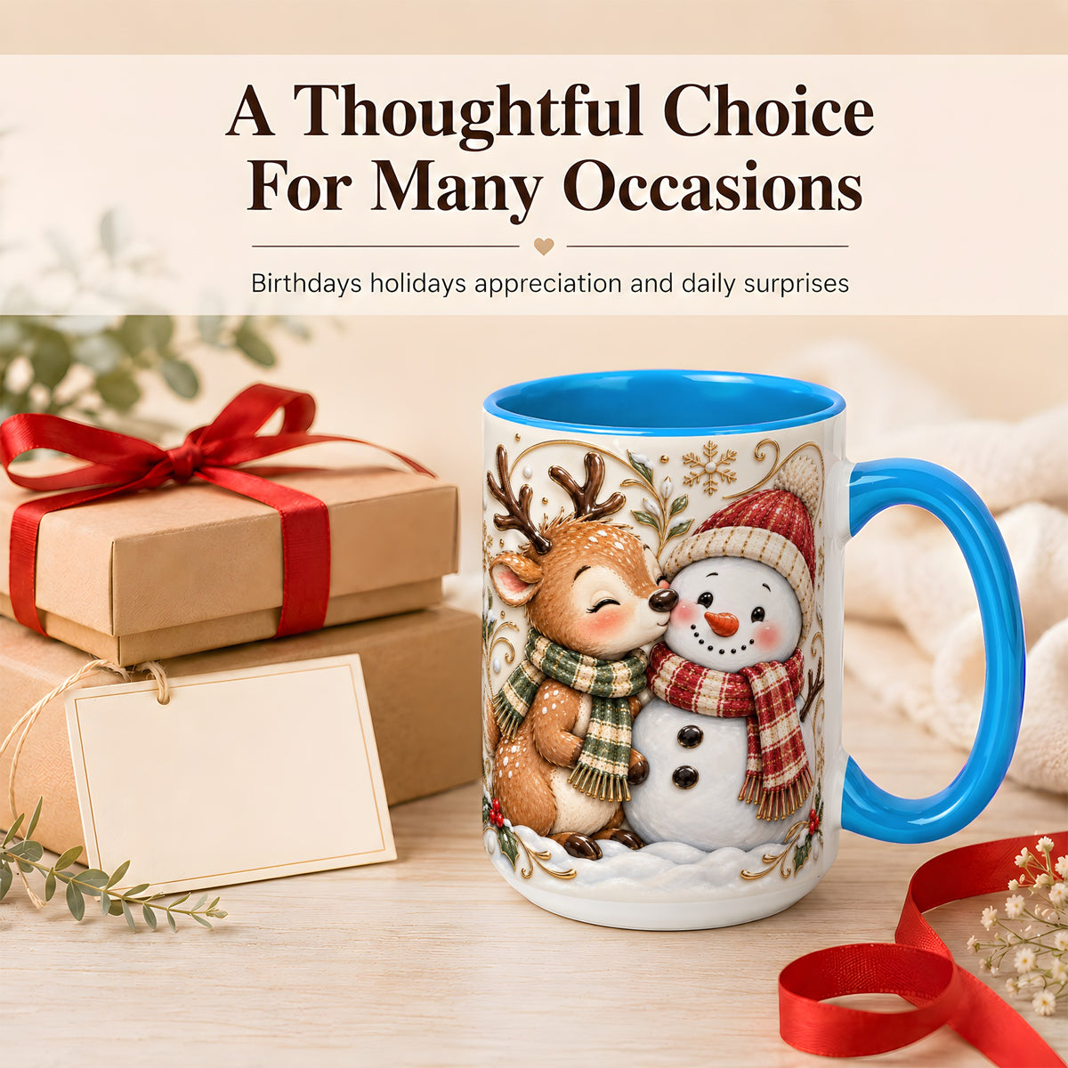 #pl[15oz|Blue] Reindeer Snowman Coffee Mug, Cozy Winter Mug, Ceramic Cup