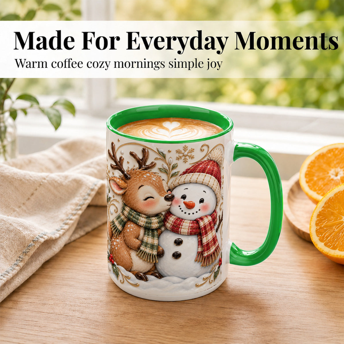 #pl[15oz|Green] Reindeer Snowman Coffee Mug, Cozy Winter Mug, Ceramic Cup