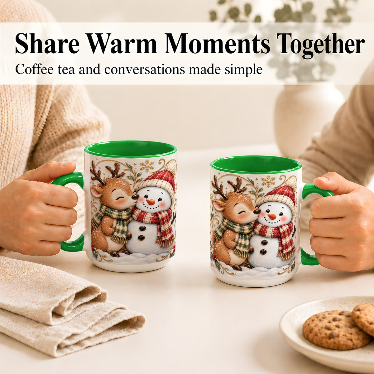 #pl[15oz|Green] Reindeer Snowman Coffee Mug, Cozy Winter Mug, Ceramic Cup