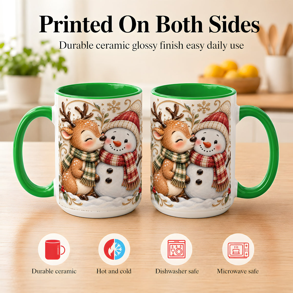 #pl[15oz|Green] Reindeer Snowman Coffee Mug, Cozy Winter Mug, Ceramic Cup