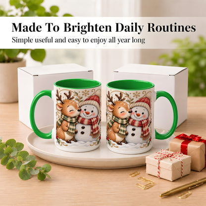 #pl[15oz|Green] Reindeer Snowman Coffee Mug, Cozy Winter Mug, Ceramic Cup