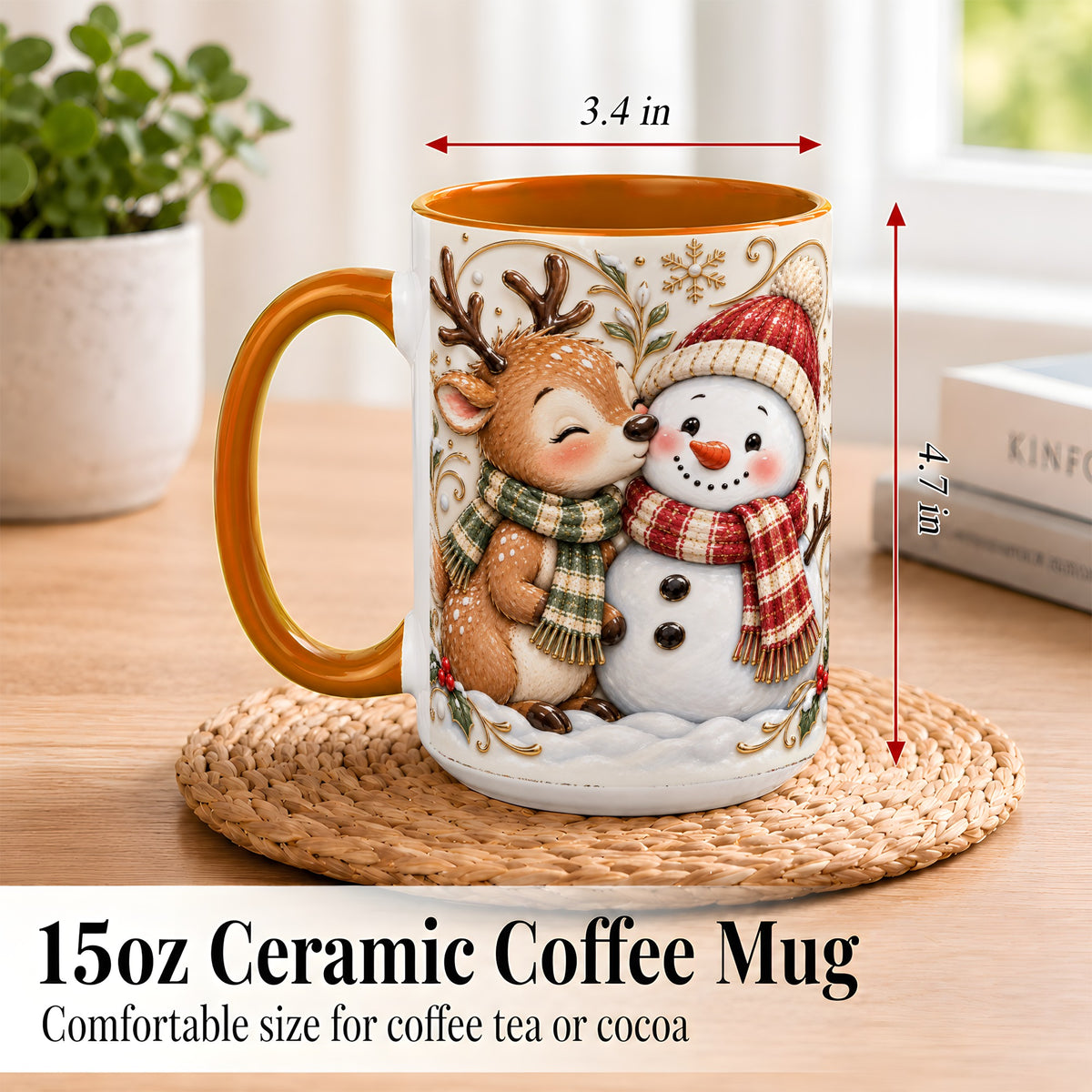#pl[15oz|Orange] Reindeer Snowman Coffee Mug, Cozy Winter Mug, Ceramic Cup