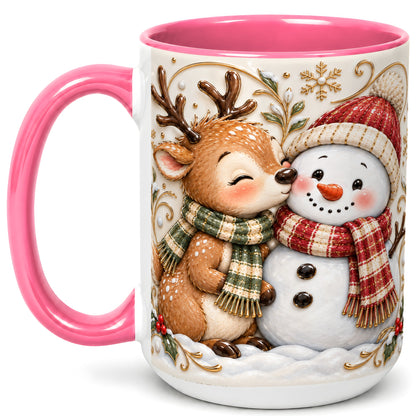 #pl[15oz|Pink] Reindeer Snowman Coffee Mug, Cozy Winter Mug, Ceramic Cup