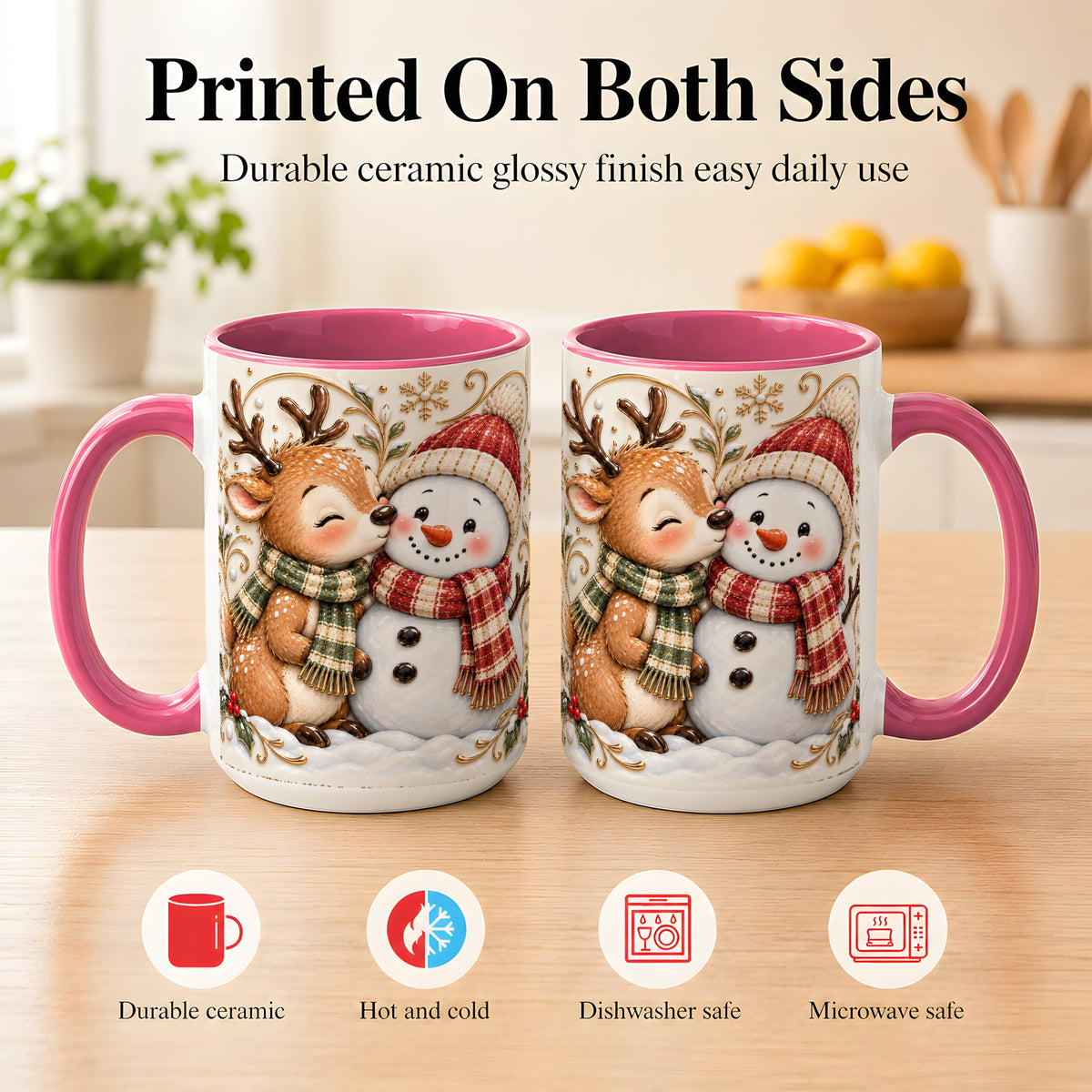 #pl[15oz|Pink] Reindeer Snowman Coffee Mug, Cozy Winter Mug, Ceramic Cup