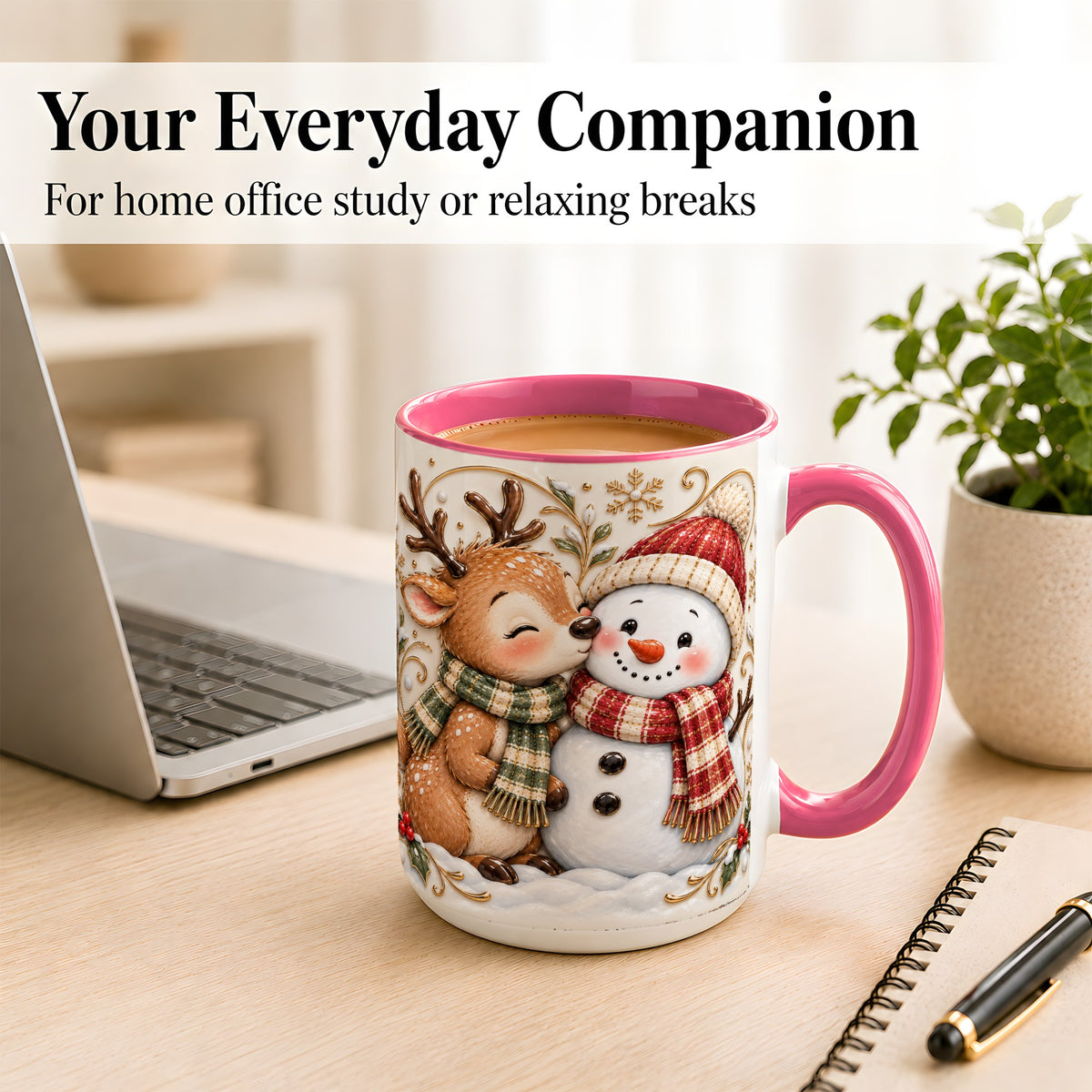#pl[15oz|Pink] Reindeer Snowman Coffee Mug, Cozy Winter Mug, Ceramic Cup