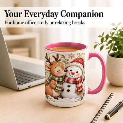#pl[15oz|Pink] Reindeer Snowman Coffee Mug, Cozy Winter Mug, Ceramic Cup