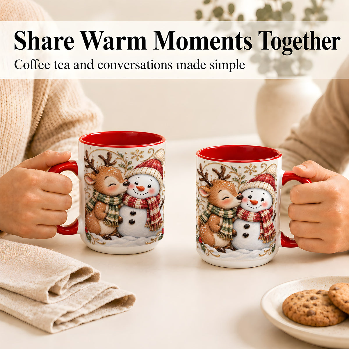 #pl[15oz|Red] Reindeer Snowman Coffee Mug, Cozy Winter Mug, Ceramic Cup