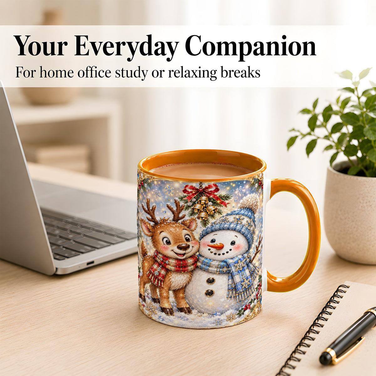 #pl[11oz|Orange] Reindeer Snowman Coffee Mug, Winter Friends Mug, Ceramic Cup