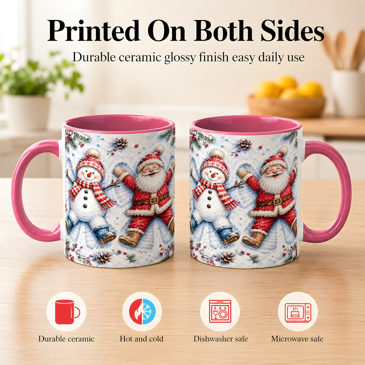 #pl[11oz|Pink] Santa Snowman Coffee Mug, Snow Angel Mug, Ceramic Cup