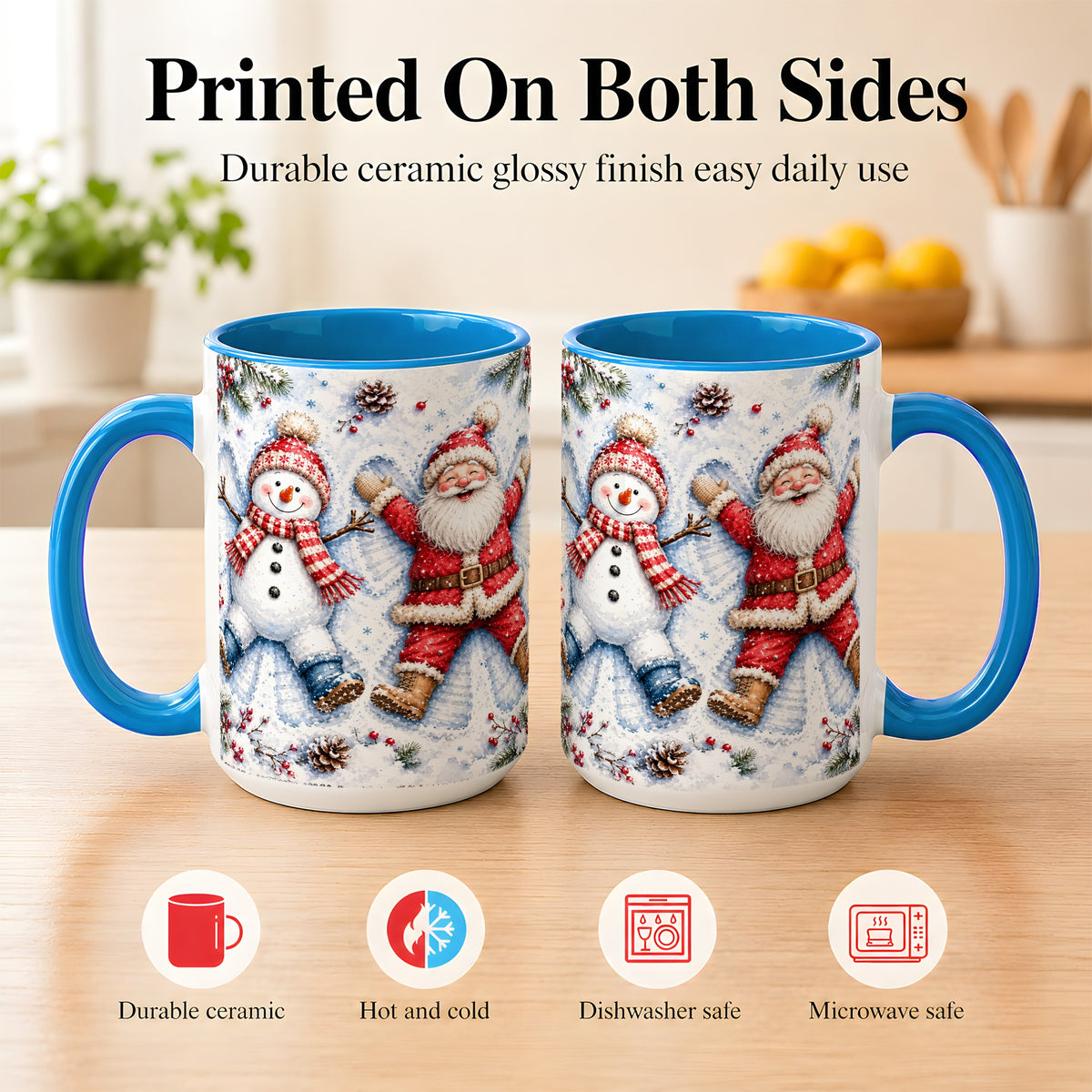 #pl[15oz|Blue] Santa Snowman Coffee Mug, Snow Angel Mug, Ceramic Cup