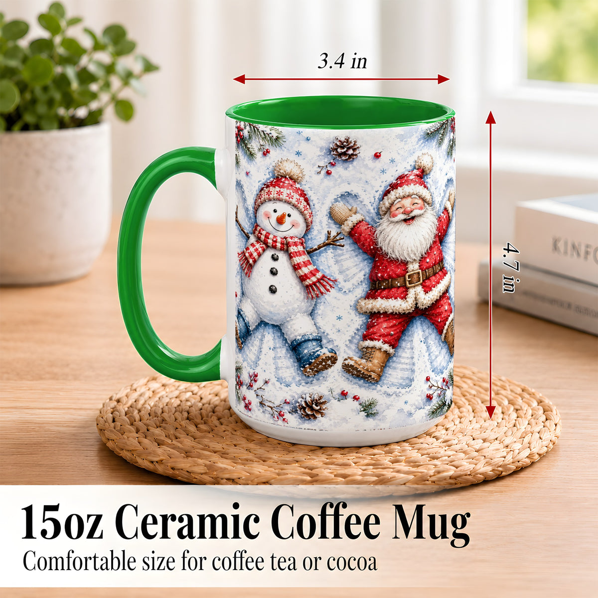 #pl[15oz|Green] Santa Snowman Coffee Mug, Snow Angel Mug, Ceramic Cup