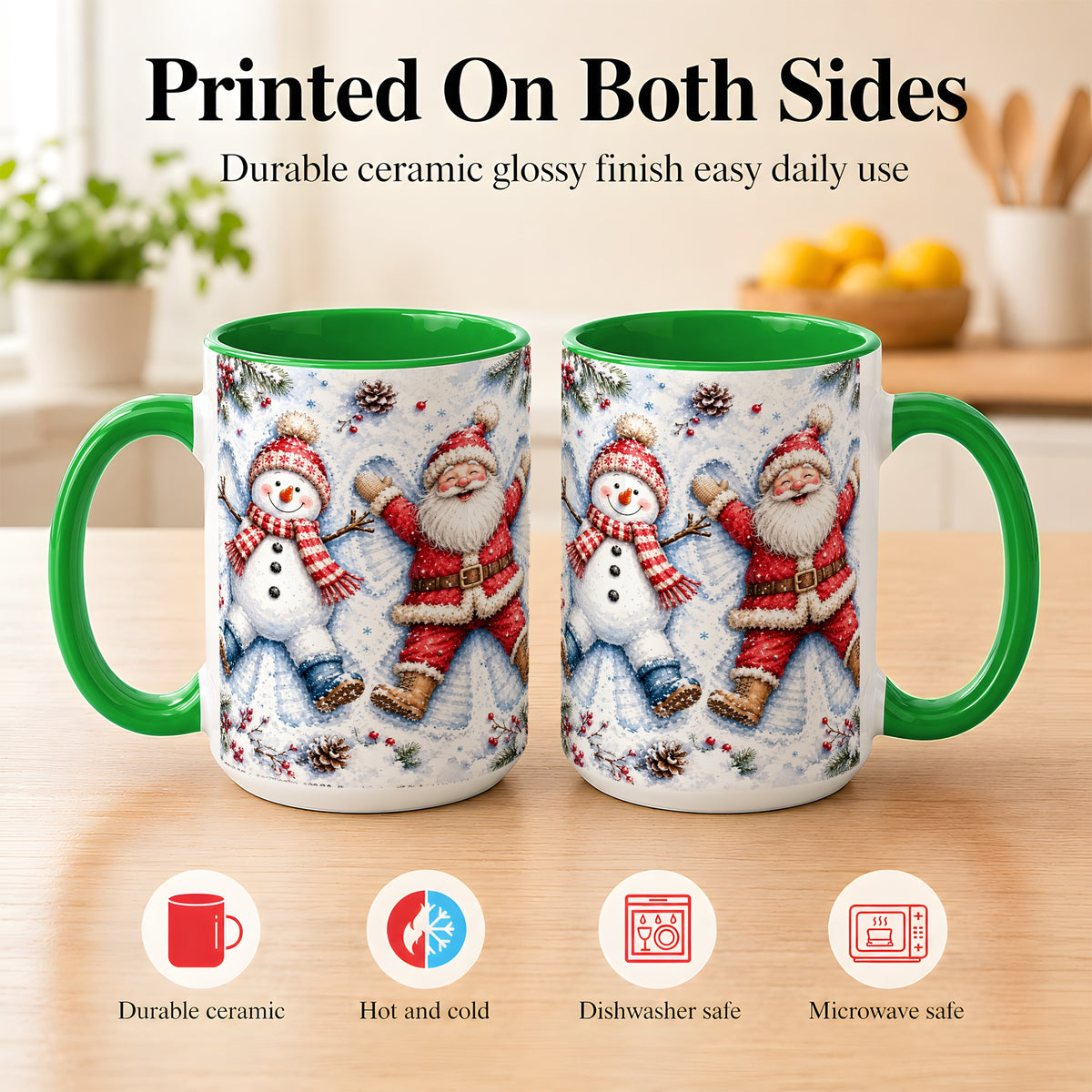 #pl[15oz|Green] Santa Snowman Coffee Mug, Snow Angel Mug, Ceramic Cup