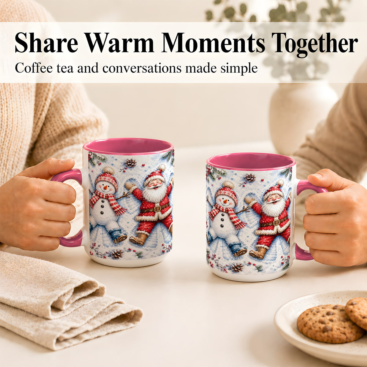 #pl[15oz|Pink] Santa Snowman Coffee Mug, Snow Angel Mug, Ceramic Cup