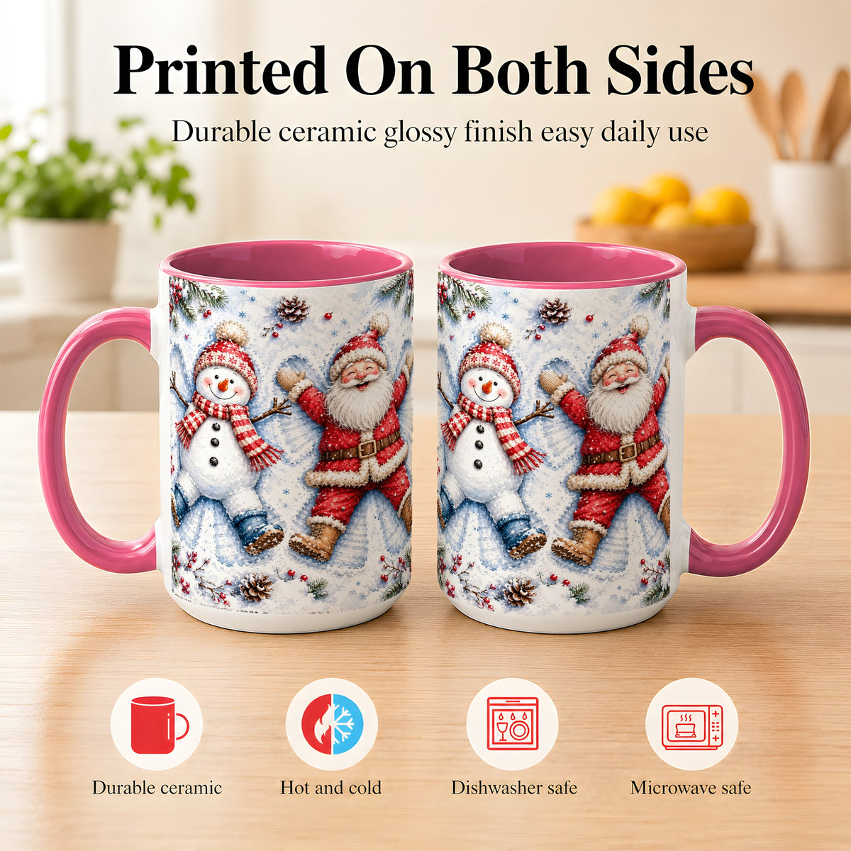 #pl[15oz|Pink] Santa Snowman Coffee Mug, Snow Angel Mug, Ceramic Cup