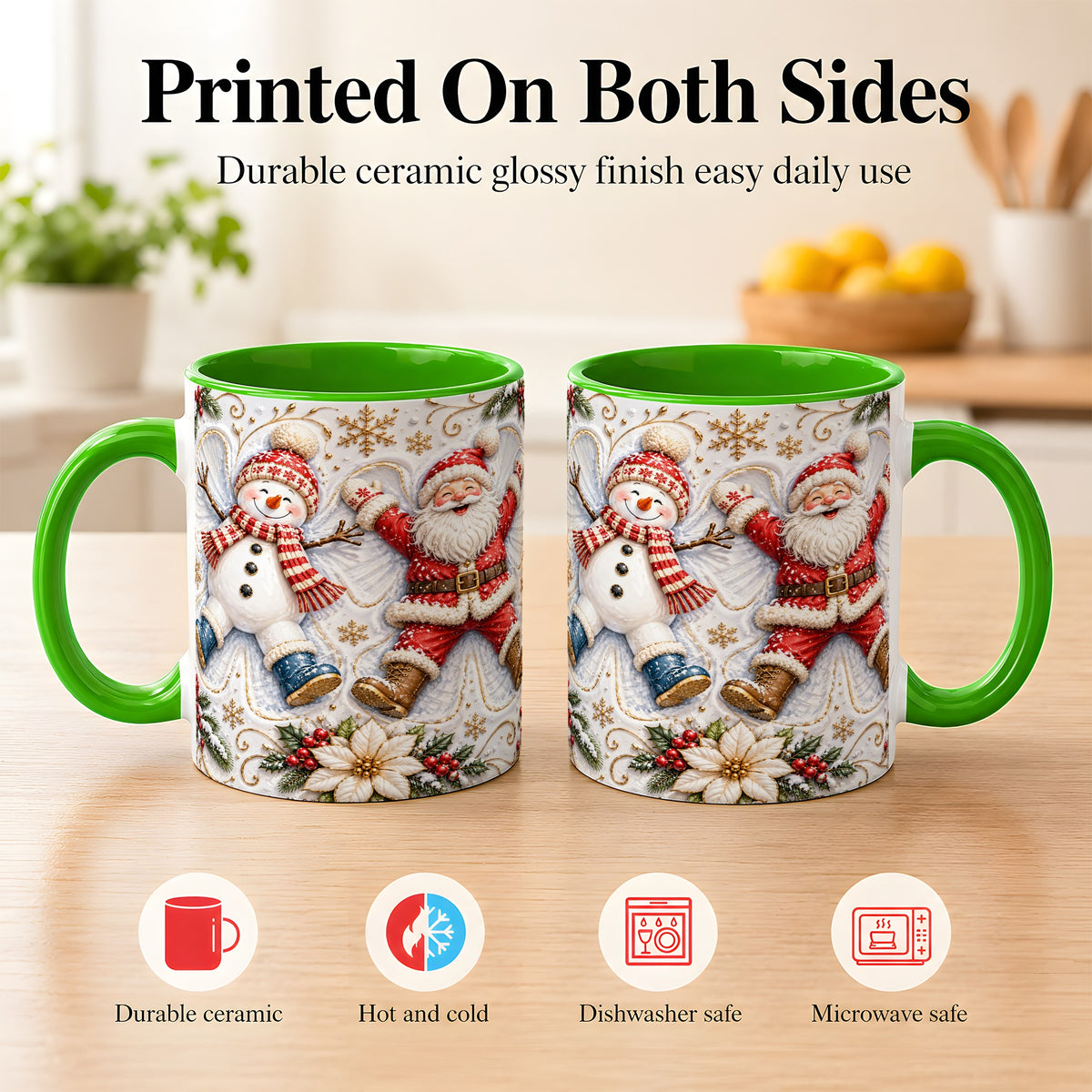 #pl[11oz|Green] Santa Snowman Coffee Mug, Snow Angel Mug, Ceramic Cup
