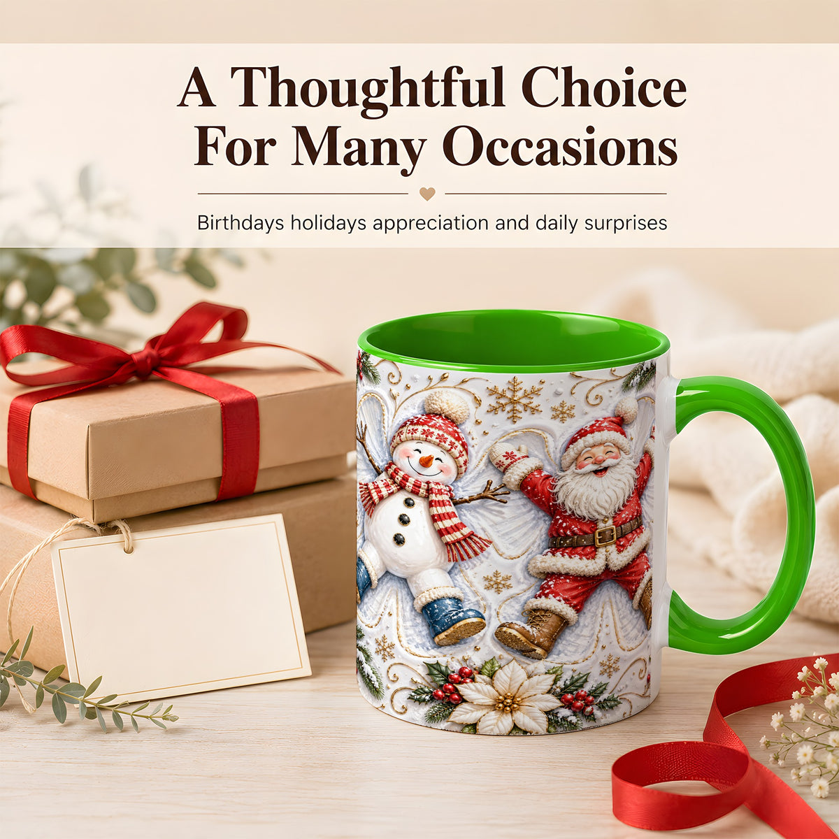 #pl[11oz|Green] Santa Snowman Coffee Mug, Snow Angel Mug, Ceramic Cup