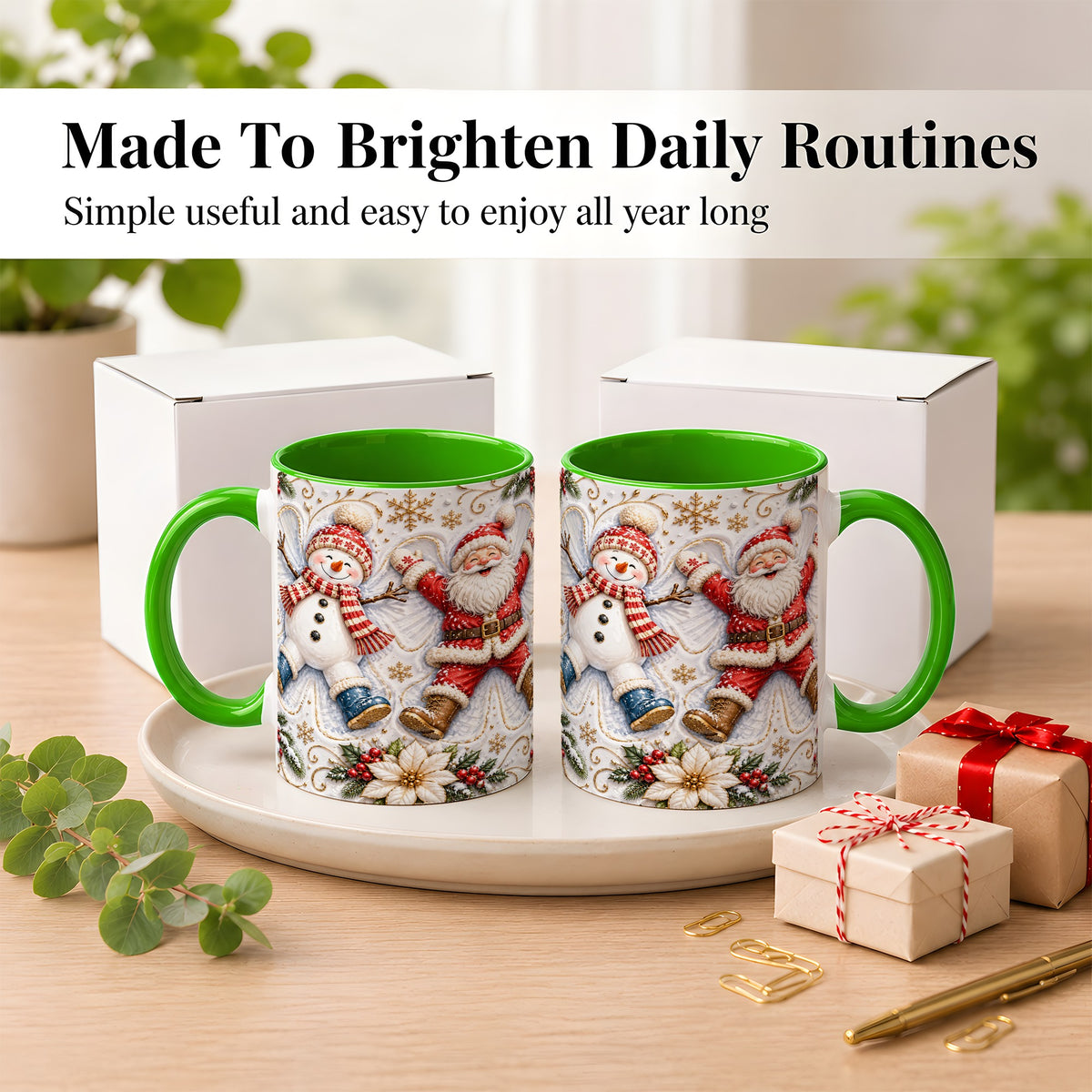 #pl[11oz|Green] Santa Snowman Coffee Mug, Snow Angel Mug, Ceramic Cup