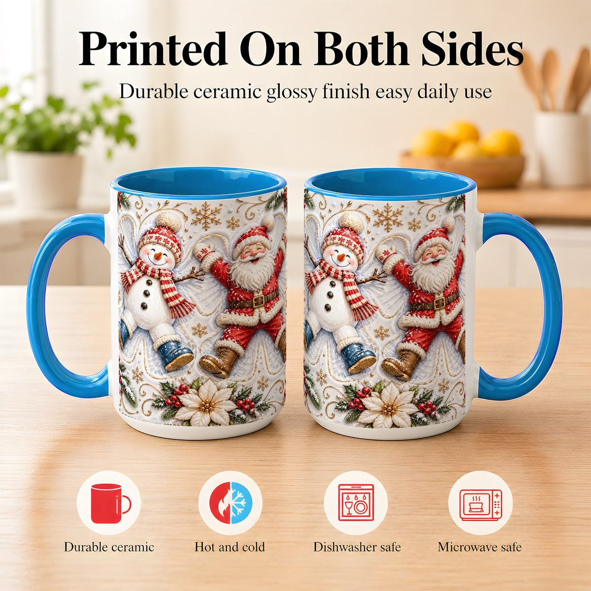#pl[15oz|Blue] Santa Snowman Coffee Mug, Snow Angel Mug, Ceramic Cup