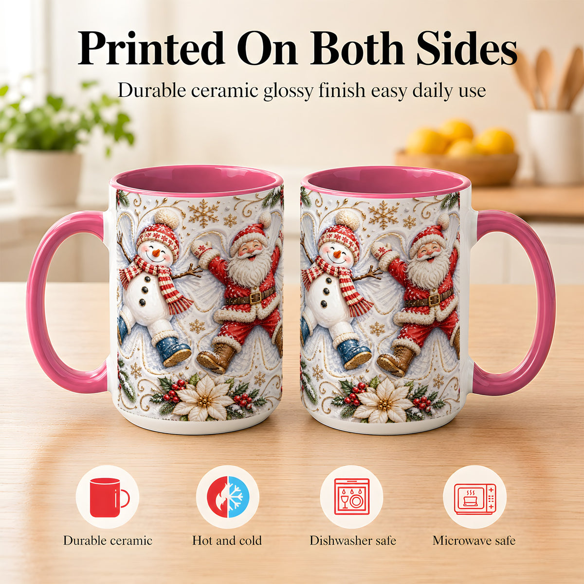 #pl[15oz|Pink] Santa Snowman Coffee Mug, Snow Angel Mug, Ceramic Cup