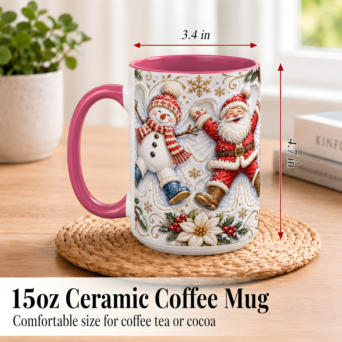 #pl[15oz|Pink] Santa Snowman Coffee Mug, Snow Angel Mug, Ceramic Cup