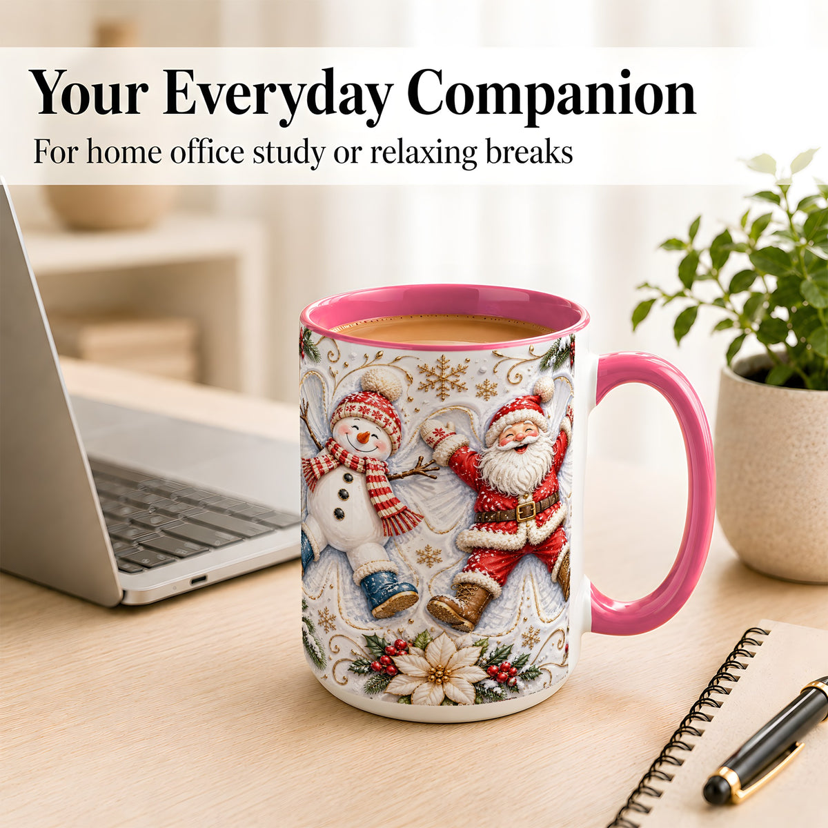 #pl[15oz|Pink] Santa Snowman Coffee Mug, Snow Angel Mug, Ceramic Cup