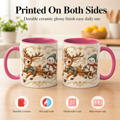 #pl[11oz|Pink] Reindeer Snowman Coffee Mug, Winter Sleigh Mug, Ceramic Cup