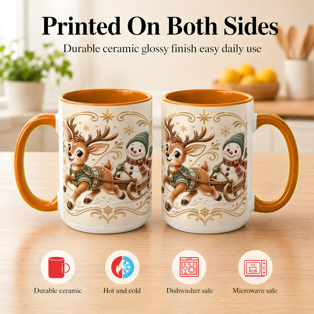 #pl[15oz|Orange] Reindeer Snowman Coffee Mug, Winter Sleigh Mug, Ceramic Cup