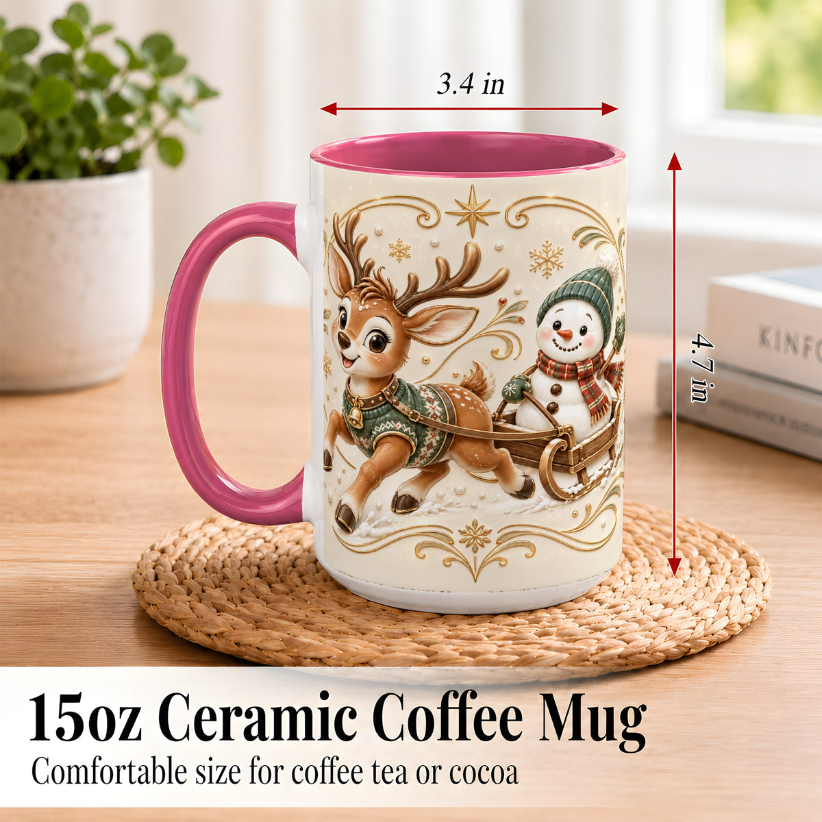 #pl[15oz|Pink] Reindeer Snowman Coffee Mug, Winter Sleigh Mug, Ceramic Cup