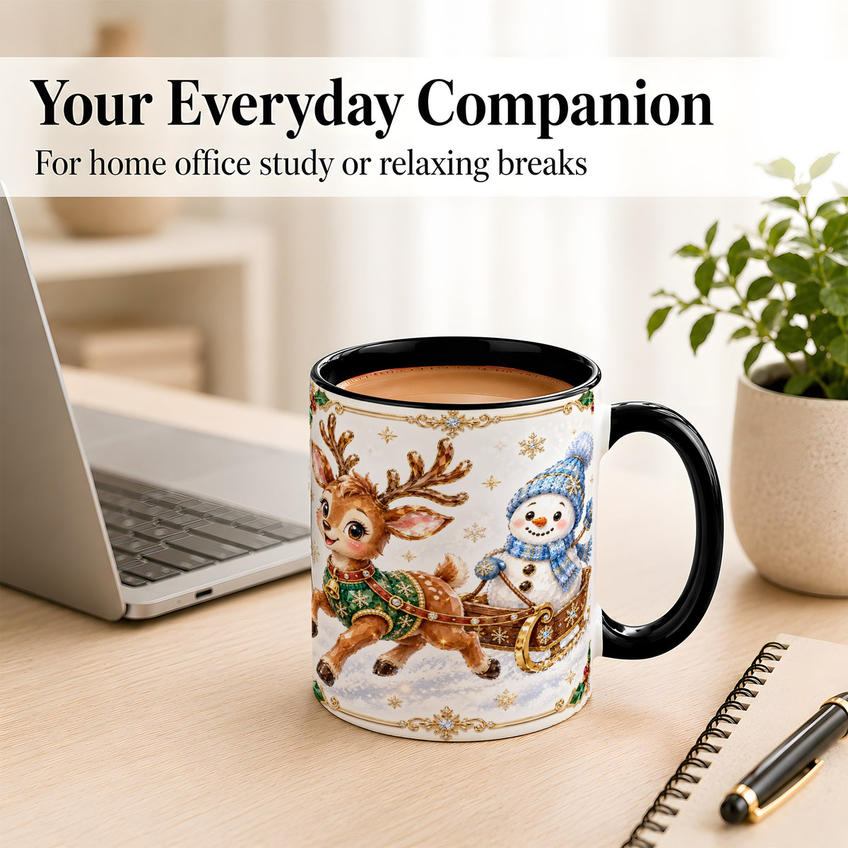 #pl[11oz|Black] Crystal Reindeer Coffee Mug, Snowman Sleigh Mug, Ceramic Cup