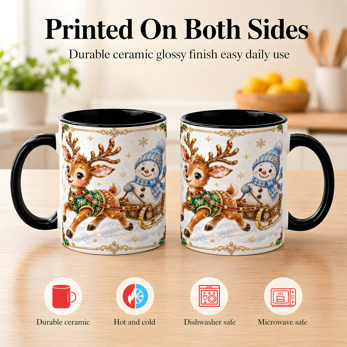 #pl[11oz|Black] Crystal Reindeer Coffee Mug, Snowman Sleigh Mug, Ceramic Cup