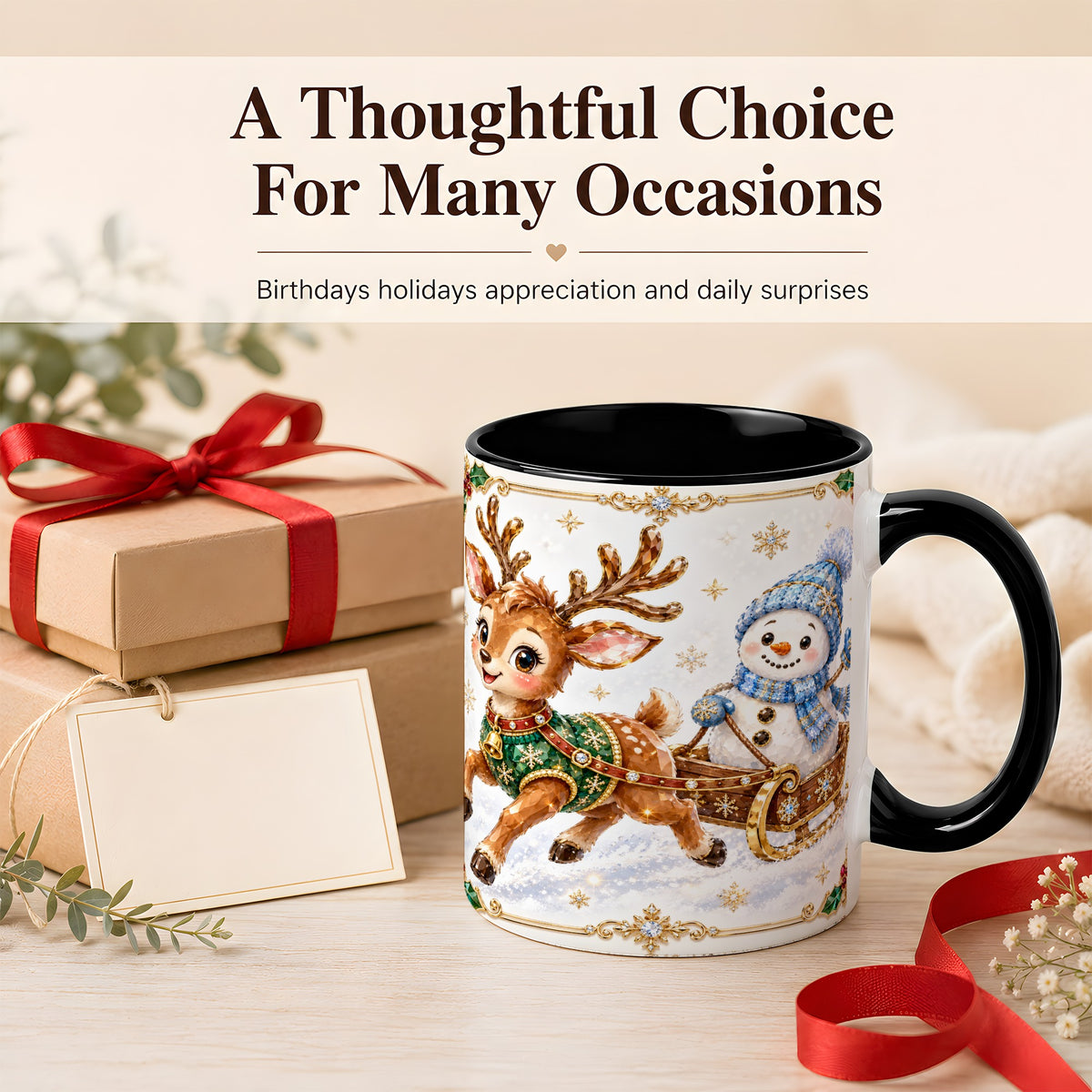 #pl[11oz|Black] Crystal Reindeer Coffee Mug, Snowman Sleigh Mug, Ceramic Cup