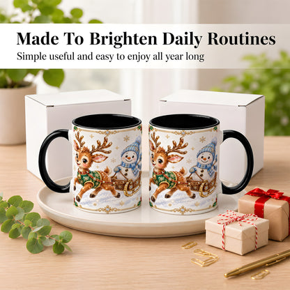 #pl[11oz|Black] Crystal Reindeer Coffee Mug, Snowman Sleigh Mug, Ceramic Cup