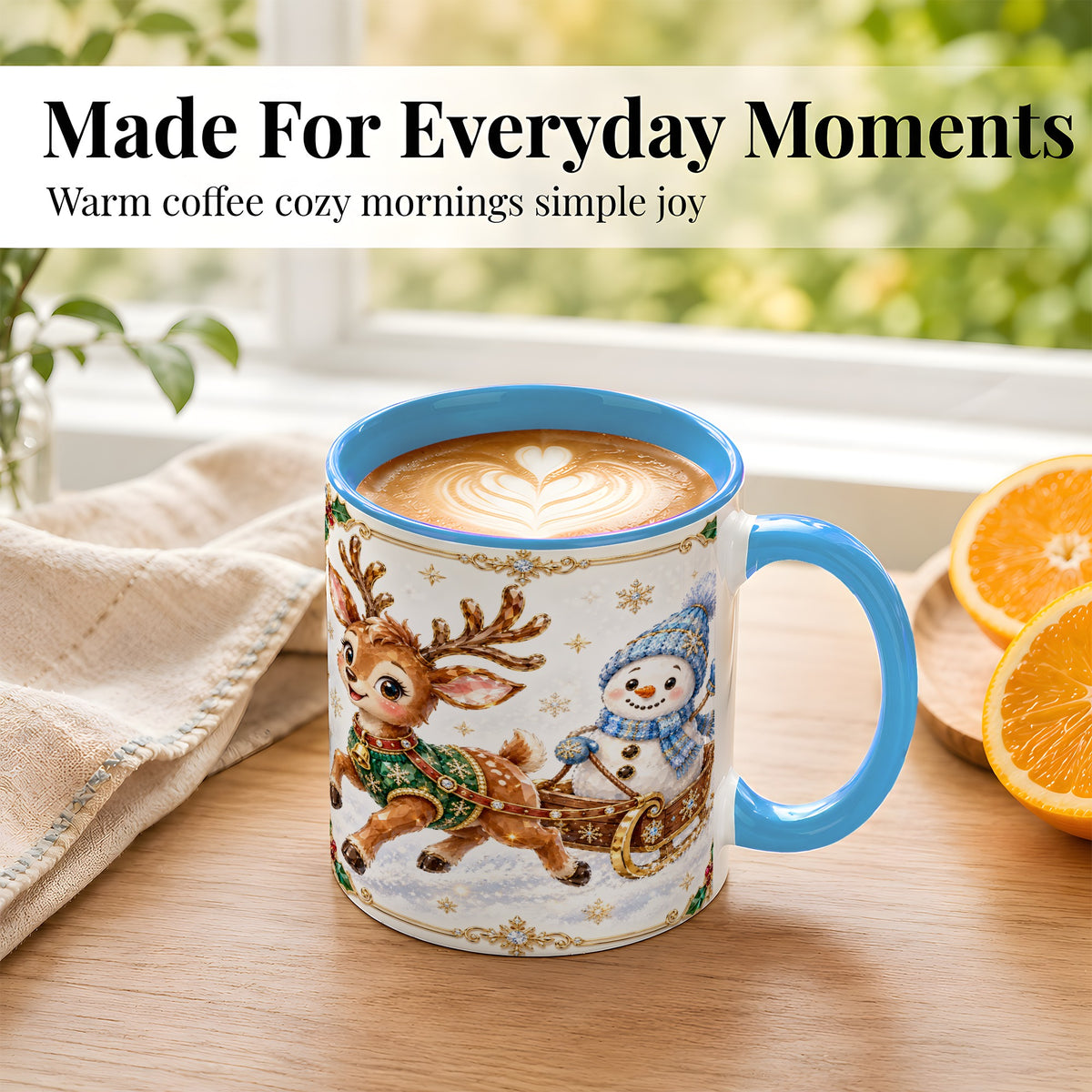 #pl[11oz|Blue] Crystal Reindeer Coffee Mug, Snowman Sleigh Mug, Ceramic Cup