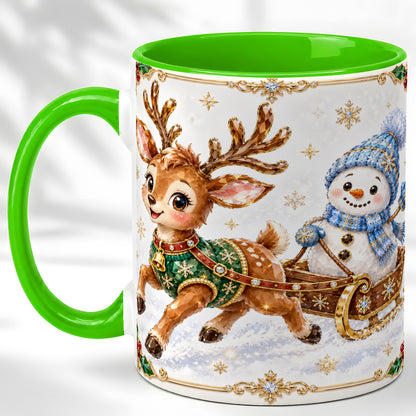 #pl[11oz|Green] Crystal Reindeer Coffee Mug, Snowman Sleigh Mug, Ceramic Cup