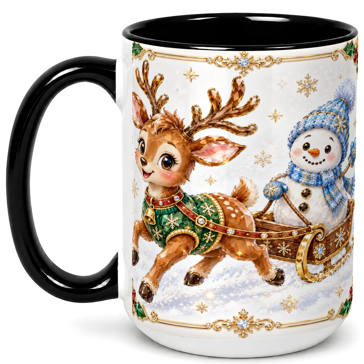#pl[15oz|Black] Crystal Reindeer Coffee Mug, Snowman Sleigh Mug, Ceramic Cup