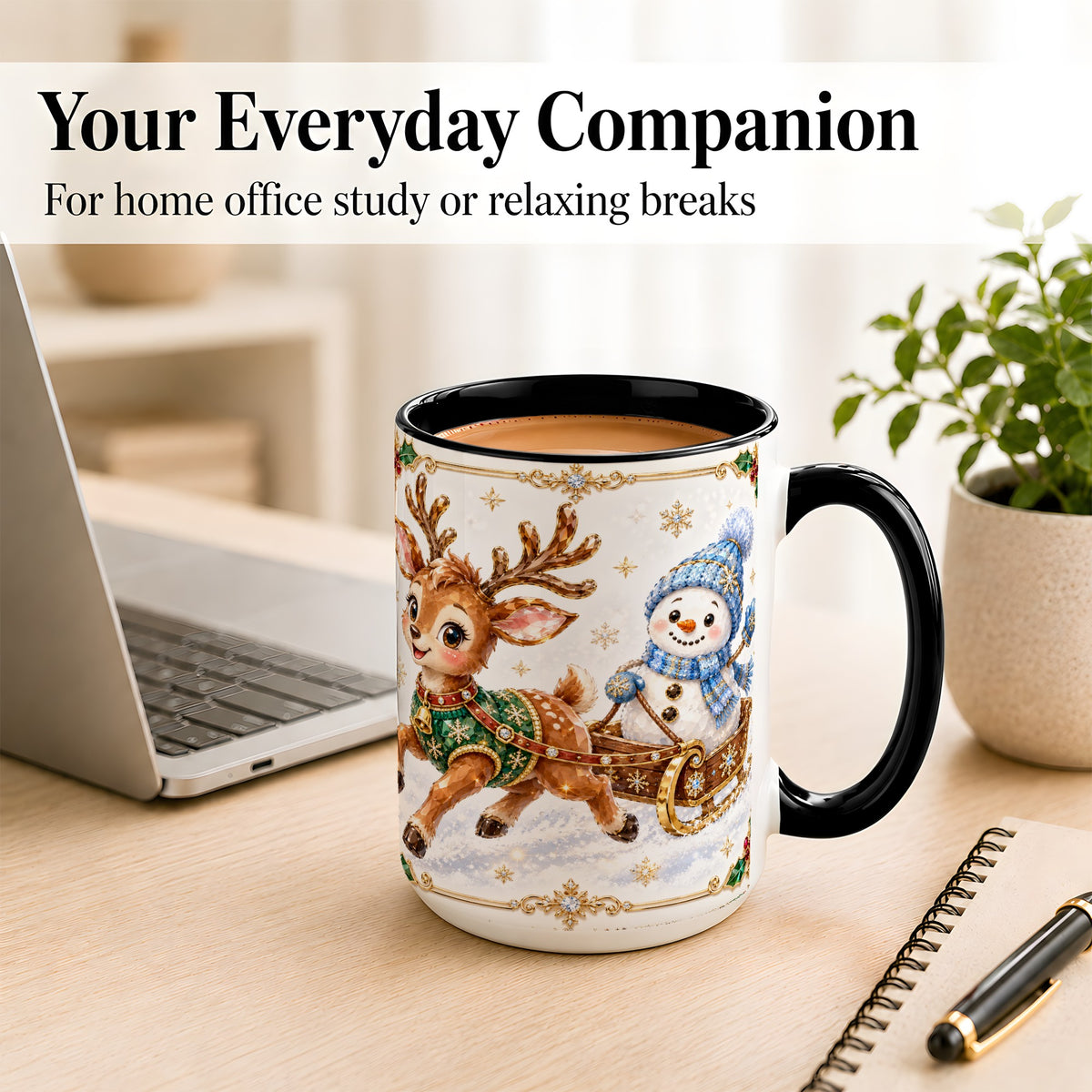 #pl[15oz|Black] Crystal Reindeer Coffee Mug, Snowman Sleigh Mug, Ceramic Cup