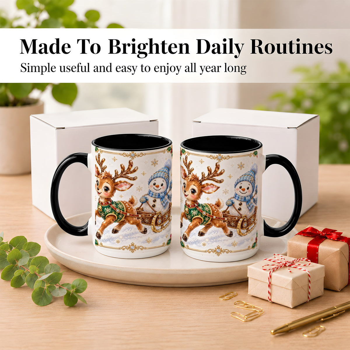 #pl[15oz|Black] Crystal Reindeer Coffee Mug, Snowman Sleigh Mug, Ceramic Cup