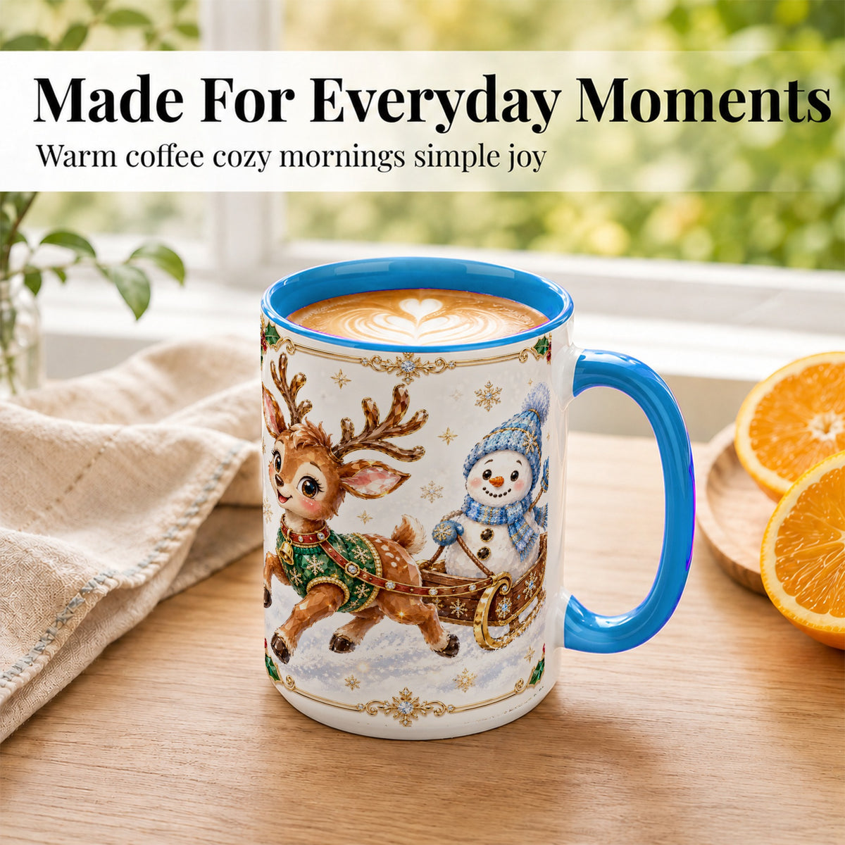 #pl[15oz|Blue] Crystal Reindeer Coffee Mug, Snowman Sleigh Mug, Ceramic Cup
